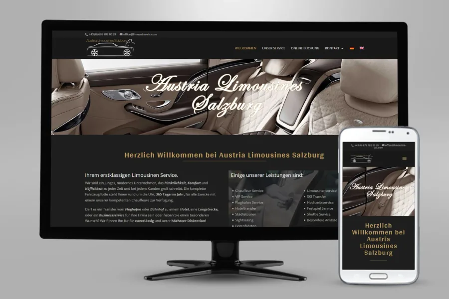 Referenz Homepage Austria Limousines Salzburg: Website auf Bildschirm und Smartphone