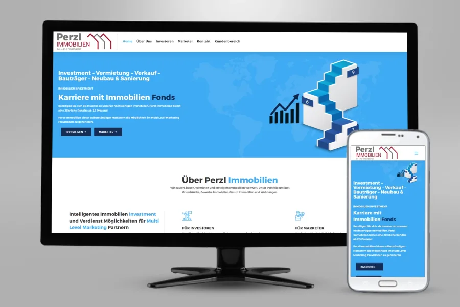 Referenz Homepage Perzl Immobilien: Website auf Bildschirm und Smartphone