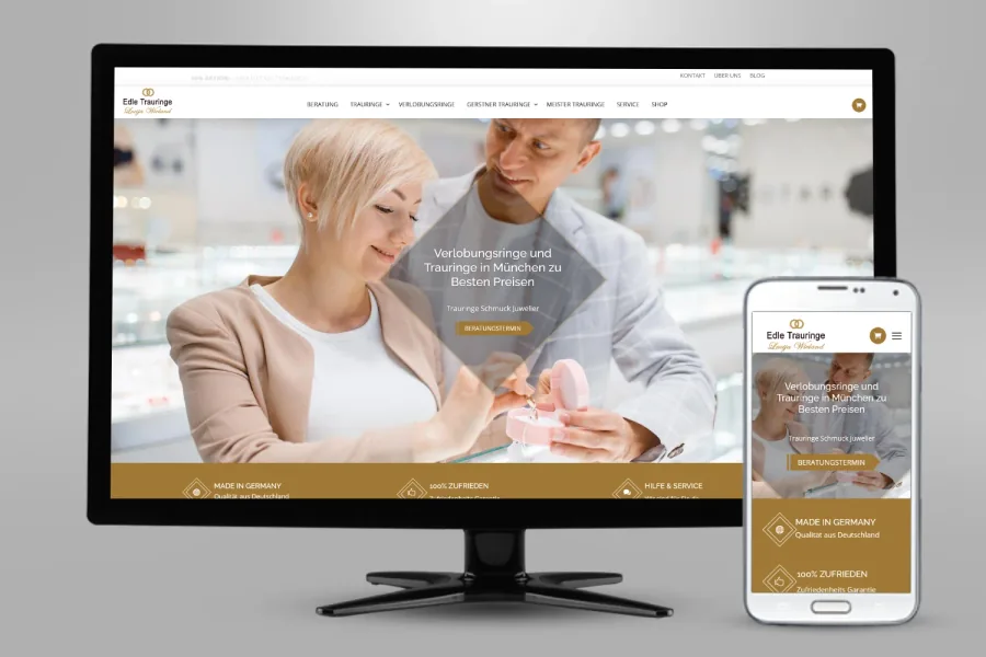 Referenz Onlineshop Erstellung für Juwelier Wieland: Onlineshop auf Bildschirm und Smartphone