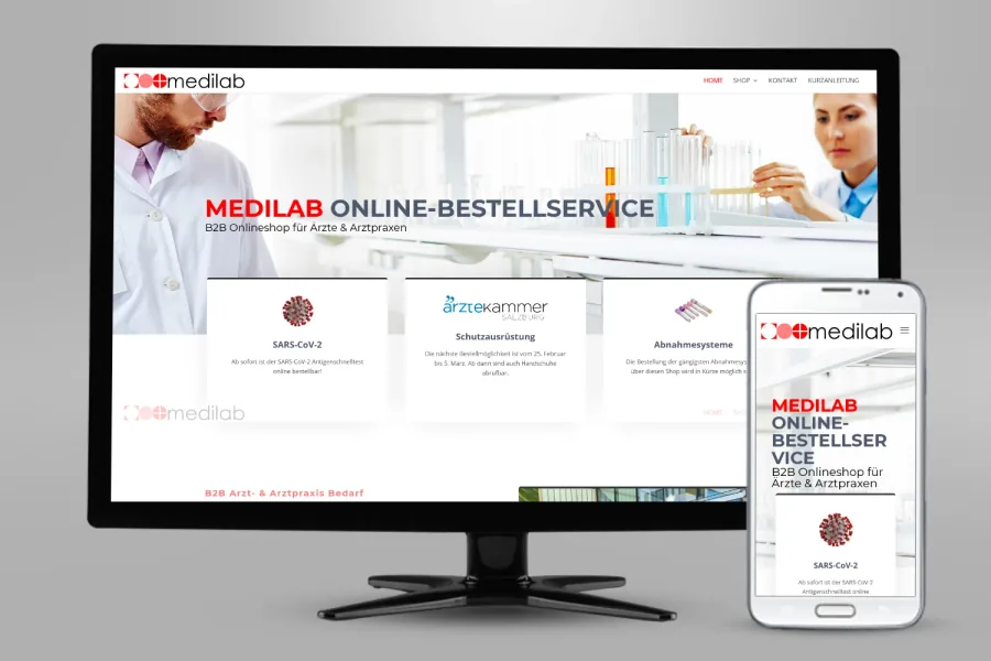 Referenz Onlineshop Erstellung für medilab: Onlineshop auf Bildschirm und Smartphone