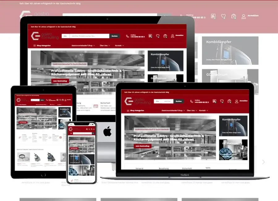 Referenz Onlineshop Gastro Consulting: Onlineshop auf Bildschirm und Smartphone