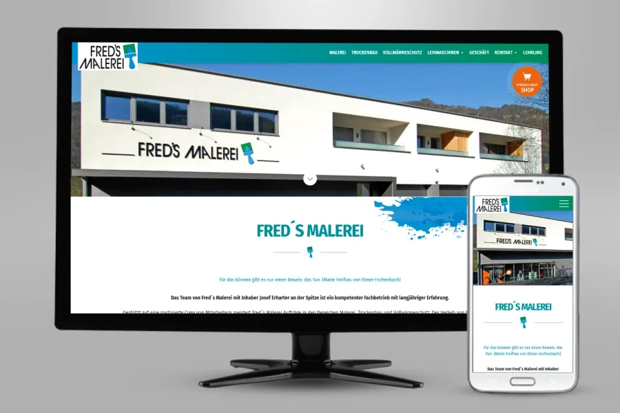 Referenz Webdesign Fred’s Malerei: Website auf Bildschirm und Smartphone