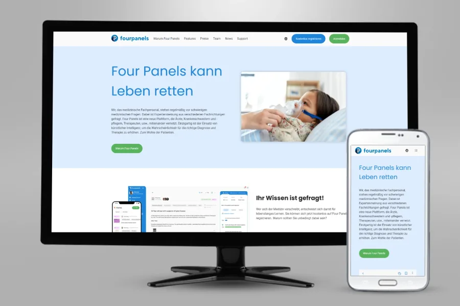 Referenz Webseite Ärzteplattform Four Panels GmbH: Website auf Bildschirm und Smartphone