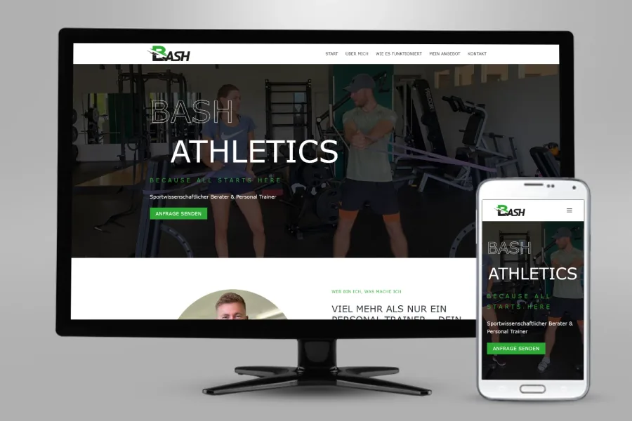 Referenz Webseite Bash Athletics: Website auf Bildschirm und Smartphone