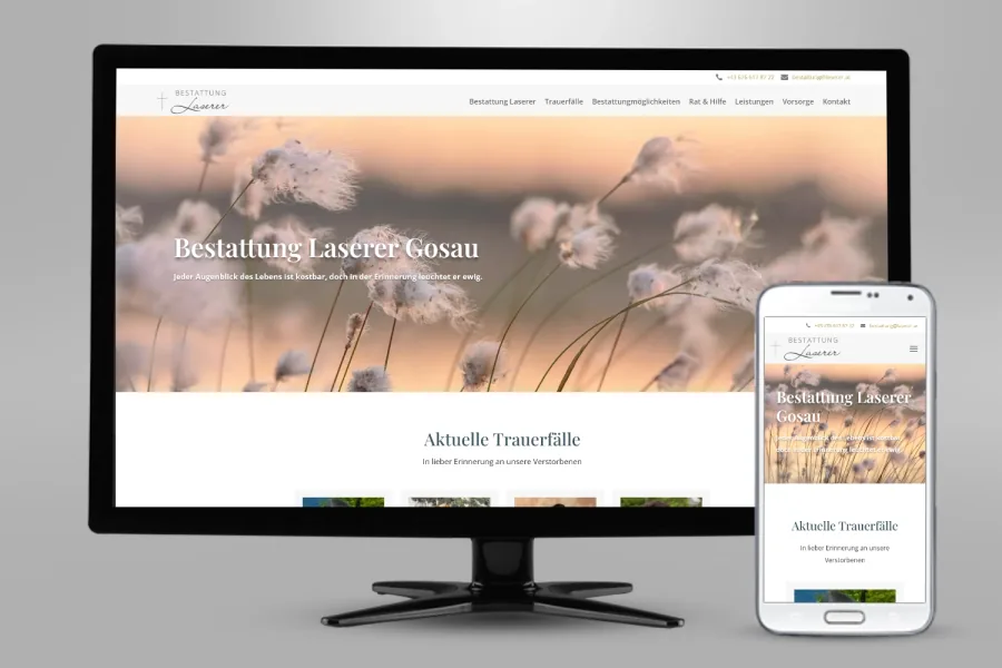 Referenz Webseite Bestattung Laserer: Website auf Bildschirm und Smartphone