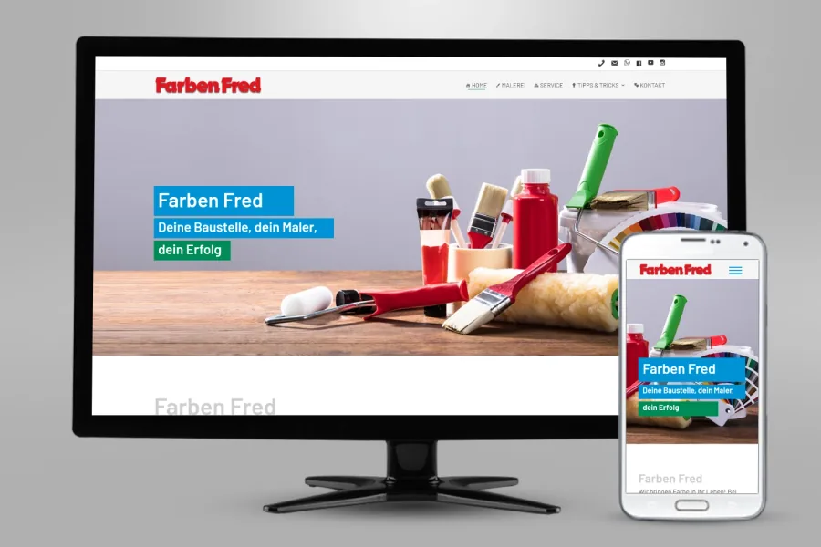 Referenz Webseite Farben Fred GmbH: Website auf Bildschirm und Smartphone