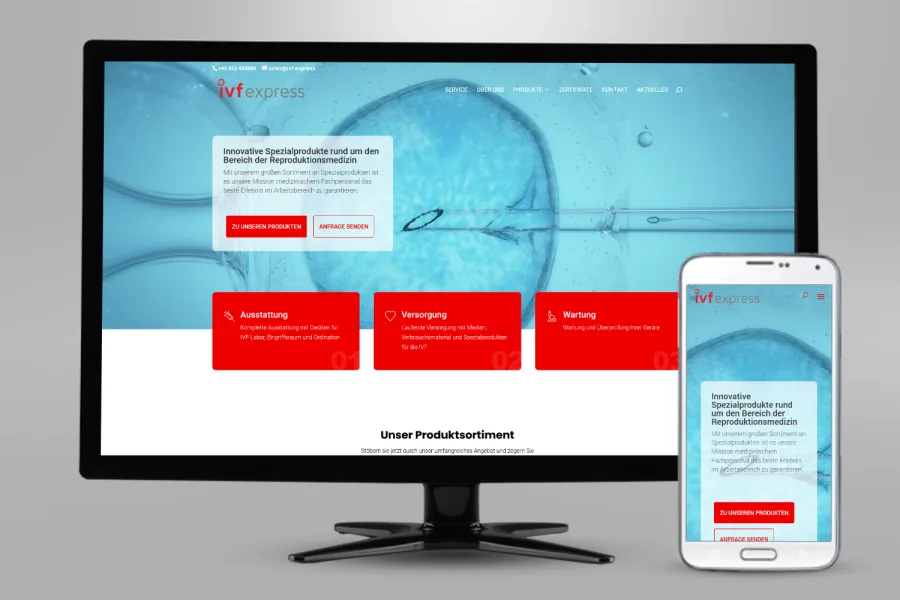 Referenz Webseite ivf express: Website auf Bildschirm und Smartphone