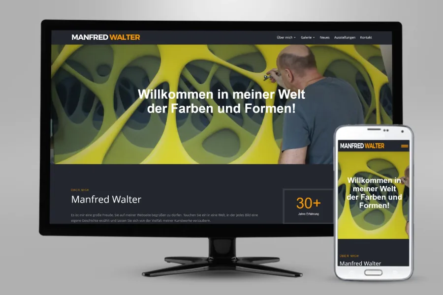 Referenz Webseite Künstler Manfred Walter: Website auf Bildschirm und Smartphone