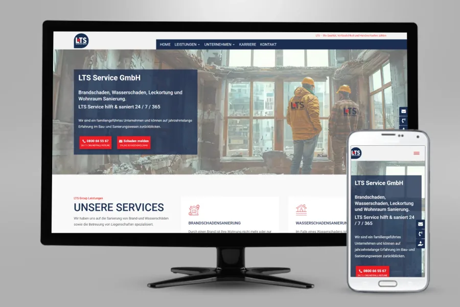 Referenz Webseite LTS Service GmbH: Website auf Bildschirm und Smartphone
