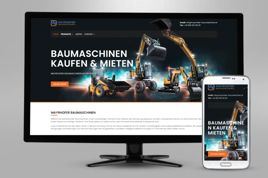 Referenz Webseite Mayrhofer Baumaschinen: Website auf Bildschirm und Smartphone