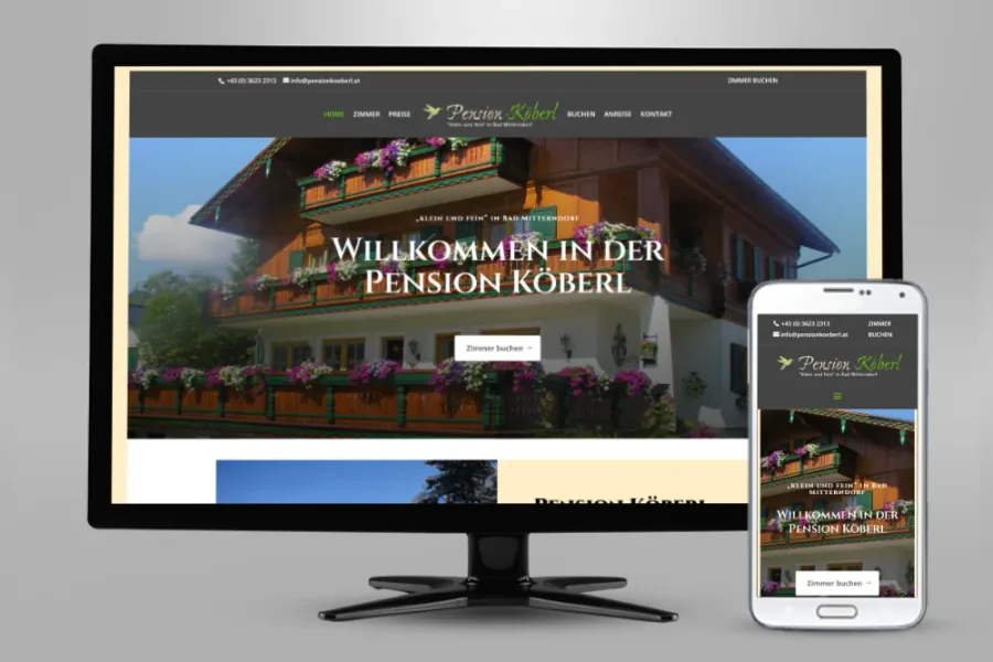 Referenz Webseite Pension Köberl: Website auf Bildschirm und Smartphone