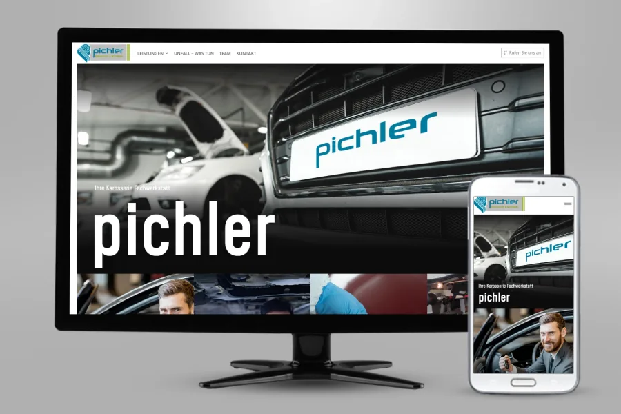Referenz Webseite Pichler Karosseriebau: Website auf Bildschirm und Smartphone