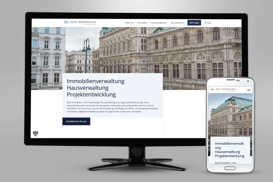 Referenz Webseite Real Immobilien: Website auf Bildschirm und Smartphone