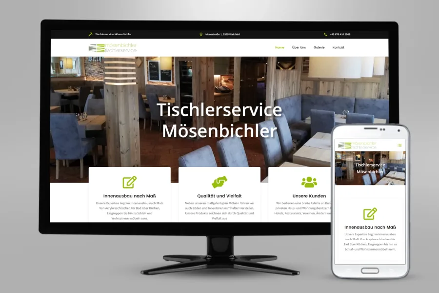 Referenz Webseite Tischlerservice Mösenbichler: Website auf Bildschirm und Smartphone