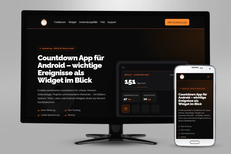 Referenz Webseite und Countdown App für Android: Projektansicht