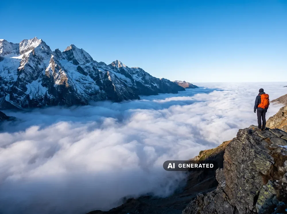Wanderer mit orangem Rucksack auf einem Felsgrat über dem Wolkenmeer, links verschneite Gipfel