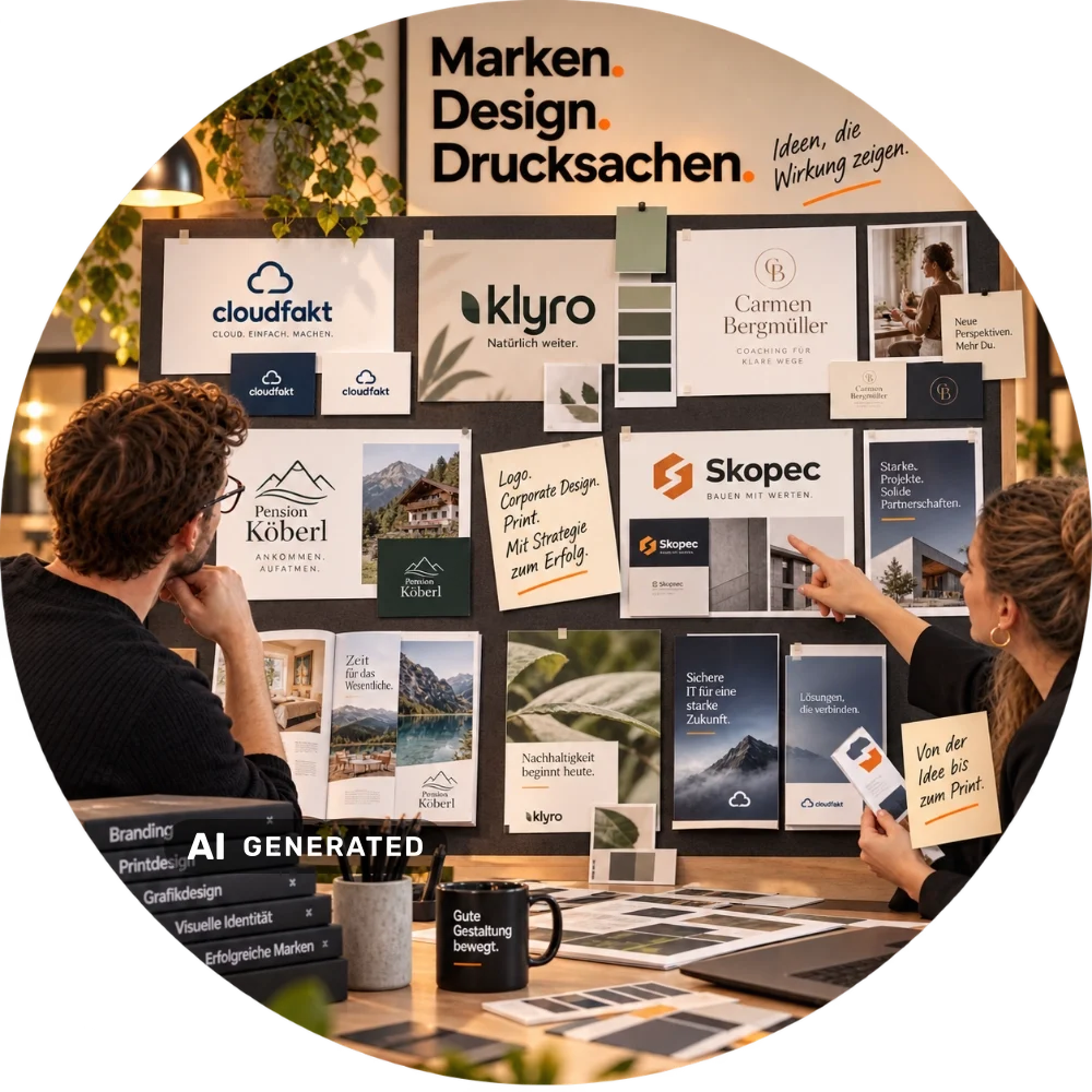 Wand mit Logos und Drucksachen aus Kundenprojekten, davor zwei Personen im Gespräch