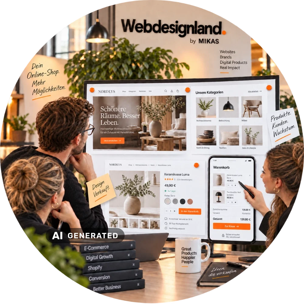 onlineshop-erstellen-lassen-mikas-01 Team bespricht den Entwurf eines Onlineshops an einem großen Bildschirm
