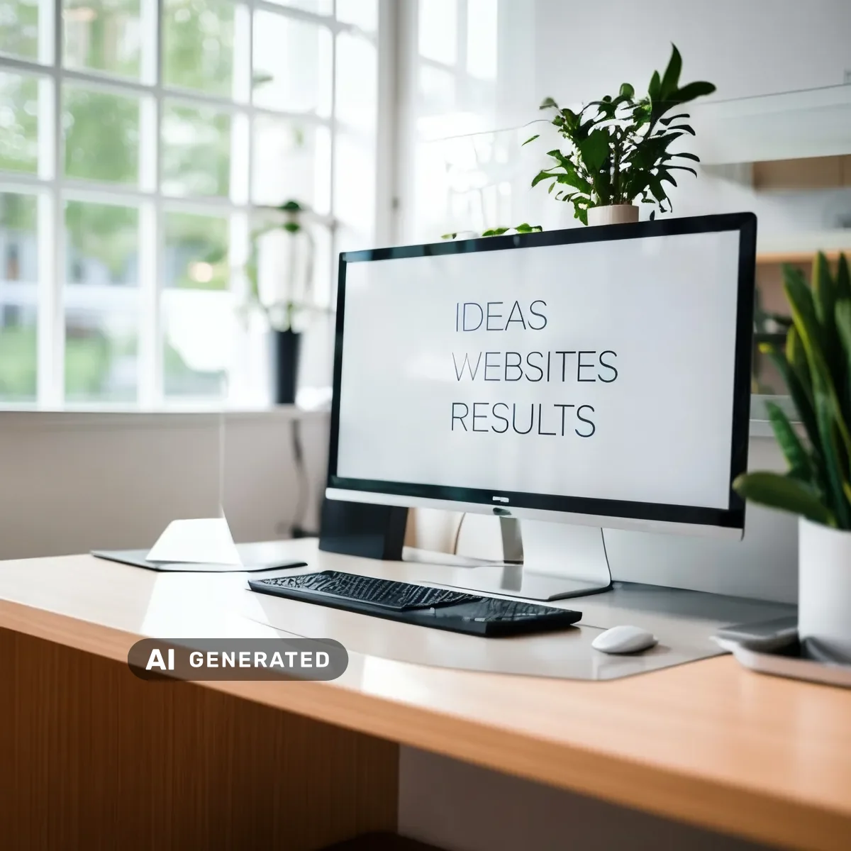 Arbeitsplatz einer Webdesign Agentur mit Bildschirm vor einem großen Fenster