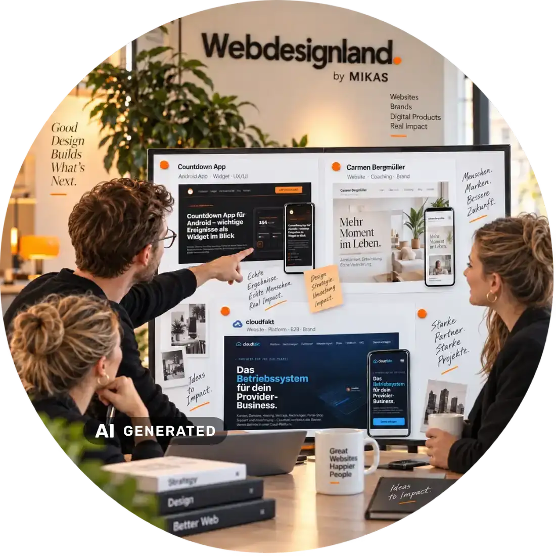 webdesign-agentur-mikas Team einer Webdesign Agentur bespricht Kundenprojekte an einem großen Bildschirm