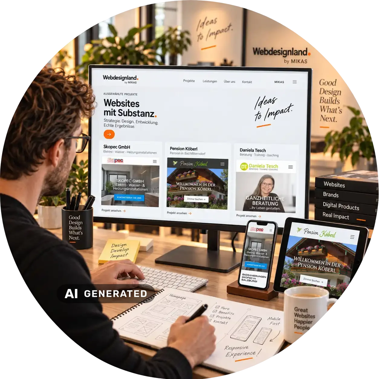 webdesign-salzburg-mikas Webdesigner am Schreibtisch, auf dem Bildschirm der Entwurf einer Website